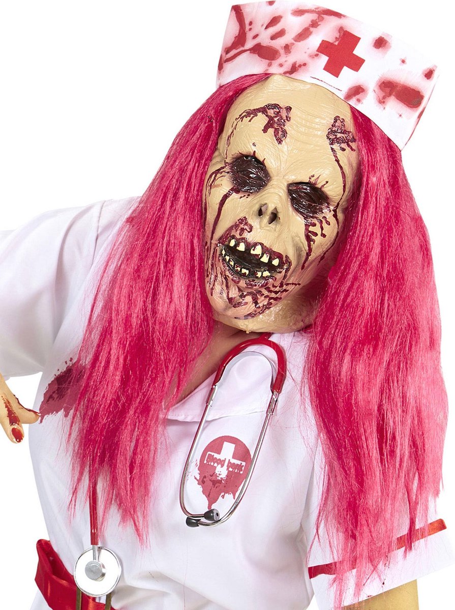 WIDMANN - Zombie verpleegster masker met roze haren - Maskers > Integrale maskers